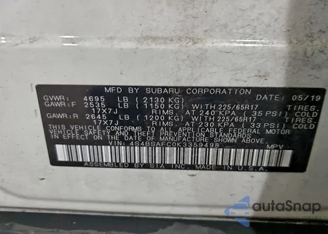 2019 Subaru Outback 2.5I Premium z USA, uszkodzony, nr VIN 4S4BSAFC0K3359498